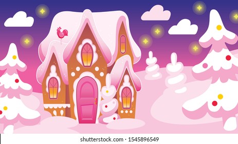 Gingerbread house in sweet  winter landscape. Cartoon fairytale