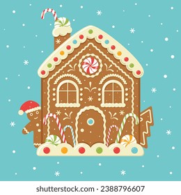 Gingerbread house with sweets and candies.Gingerbread man.New Year and Christmas.Vector stock illustration.