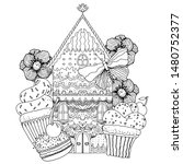 Gingerbread house with sweets, flowers and berries. Black and white illustration. Coloring for adults and children. Vector illustration.
