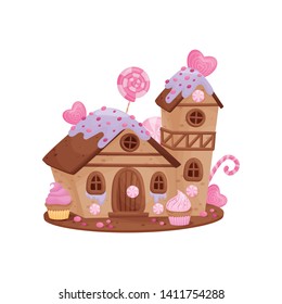 Gingerbread house with a tower. Vector illustration on white background.