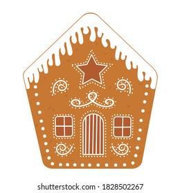 Casa de pan de jengibre, galleta tradicional de Navidad
y decoración. Galleta jengibre con cristal. Ilustración plana del vector