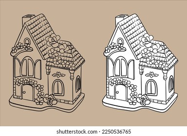 Gingerbread House Vector. Vector black and white illustration. For coloring and design books. Cute illustration. Toy house.