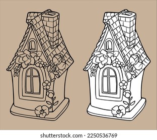 Vector de casa de pan de jengibre. Ilustración vectorial en blanco y negro. Para colorear y diseñar libros. Cuta ilustración. Casa de juguetes.