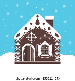Gingerbread house. Vector gingerbread house. Christmas cookies. Brown and white. Blue background.