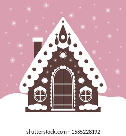 Gingerbread house. Vector gingerbread house. Christmas cookies. Brown and white. Pink background.
