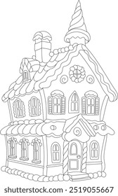 gingerbread house vector coloring book, Christmas image, for relaxation and antistress, children's coloring book new year, house of sweets contour