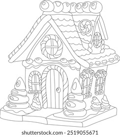 gingerbread house vector coloring book, Christmas image, for relaxation and antistress, children's coloring book new year, house of sweets contour