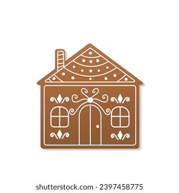 Gingerbread house. Vector hand drawn gingerbread house in a simple flat style. Christmas cookies. Brown and white colors.