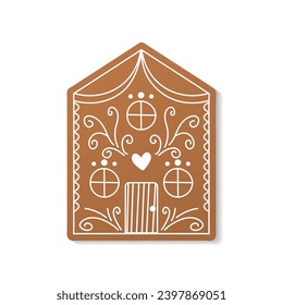 Gingerbread house. Vector hand drawn gingerbread house in a simple flat style. Christmas cookies. Brown and white colors.