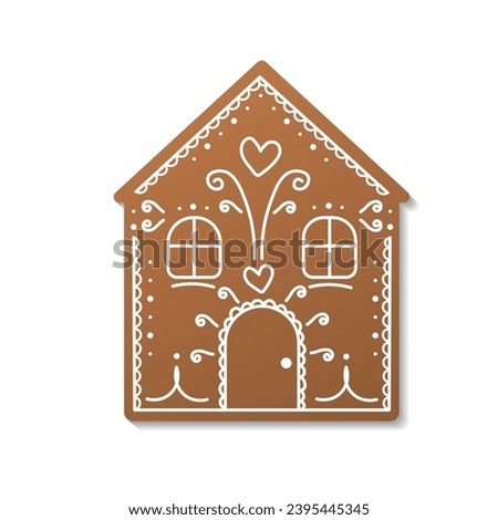 Gingerbread house. Vector hand drawn gingerbread house in a simple flat style. Christmas cookies. Brown and white colors.