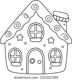 Ilustración vectorial de la casa de Gingerbread. Esbozo blanco y negro Libro o página de color de pan de jengibre de Navidad para los niños