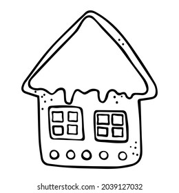 Gingerbread house. Vector illustration of gingerbread house isolated on white background. Hand drawn Christmas symbol. Doodle style.