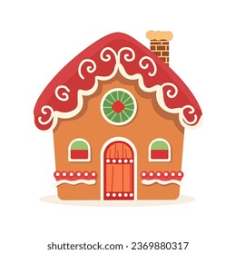 Gingerbread House Winter Cookie with decorative sweet icing candy vector flat illustration design