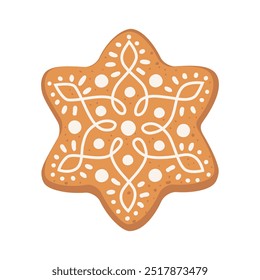 Gingerbread House Winter Cookie with decorative sweet glaze and icing. Vector flat illustration design isolated on white background. Traditional Christmas holiday cookies.. Homemade ginger baking