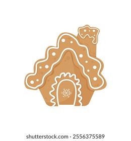 Gingerbread House Winter Cookie with decorative sweet glaze and icing. Traditional Christmas holiday cookies. Isolated a white background for card, postcard, cover. EPS 10