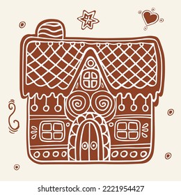 Gingerbread house for winter holidays. Cute handmade honey gingerbread with patterns and sweets.