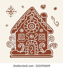 Gingerbread house for winter holidays. Cute handmade honey gingerbread with patterns and sweets.
