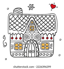 Gingerbread house for winter holidays in doodle style. Cute honey gingerbread for postcards, congratulations, coloring and decoration with patterns and sweets.