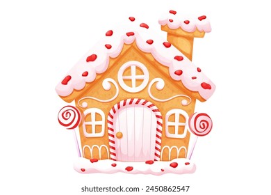 Gingerbread house with wonder door and windows cute ornament and sweets in cartoon style isolated on white background. 