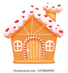 Gingerbread house with wonder door and windows cute ornament and sweets in cartoon style isolated on white background. 