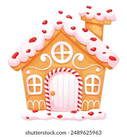 Gingerbread house with wonder door and windows cute ornament and sweets in cartoon style isolated on white background. 