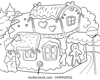 Gingerbread House In The Woods. Dessert Building. Children Coloring Book.