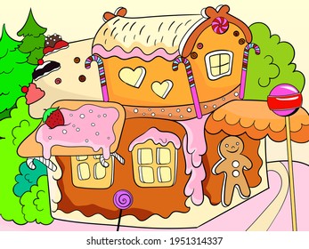 Gingerbread House In The Woods. Dessert Building. Children Color Book.