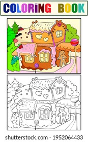 Gingerbread House In The Woods. Dessert Building. Set Of Coloring Book And Color Picture.