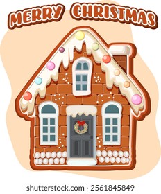 A gingerbread house with a wreath on the door. The house is decorated for Christmas. The house is brown and white
