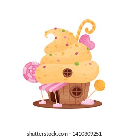 Gingerbread house with yellow cream on the roof. Vector illustration on white background.