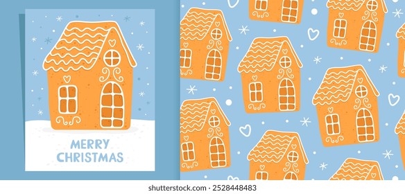 Gingerbread houseon a blue background. Homemade christmas cookie with white sugar glaze. Christmas card. And christmas seamless pattern for wrapping paper, fabric, card.