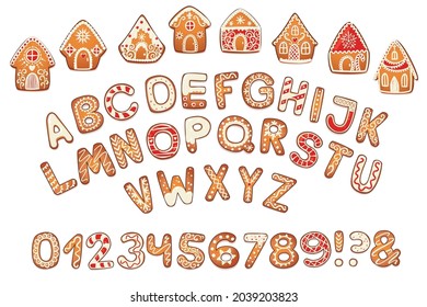 Gingerbread Houses and Alphabet Set. Cute Christmas Traditional Cookie with white icing decoration. Vector illustration.