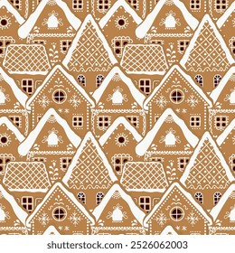 Gingerbread Houses Background. Seamless Pattern. Christmas Background. Gingerbread Village. Vector Illustration.