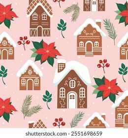 Gingerbread houses, bow, pointesia, fir tree branch christmas pattern. Cute vector illustration in flat pink cartoon style