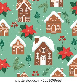 Gingerbread houses, bow, pointesia, fir tree branch christmas pattern. Cute vector illustration in flat green cartoon style