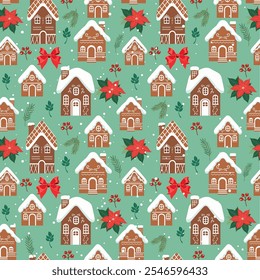 Gingerbread houses, bow, puantecia,fir tree branch christmas pattern. Cute vector illustration in flat green cartoon style