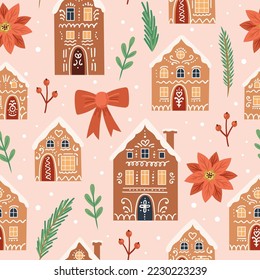 Gingerbread houses christmas pattern. Cute vector illustration in flat cartoon style