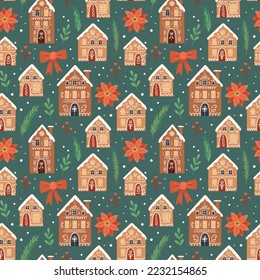 Gingerbread houses christmas pattern. Cute vector illustration in flat cartoon style