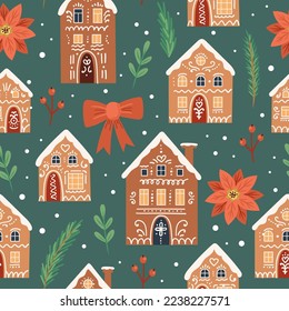 Gingerbread houses christmas pattern. Cute vector illustration in flat cartoon style