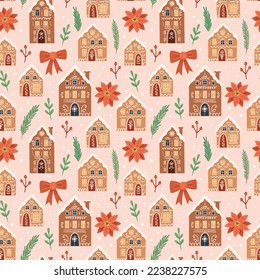 Gingerbread houses christmas pattern. Cute vector illustration in flat cartoon style