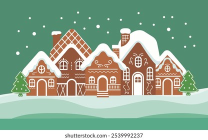 Gingerbread houses christmas scene. Cute vector illustration in flat cartoon style