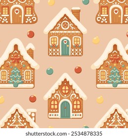 Gingerbread Houses Christmas Seamless Pattern. Colorful Xmas balls and festive pine trees. Perfect for textile, wallpaper or print design. Cute vector illustration in flat cartoon style.