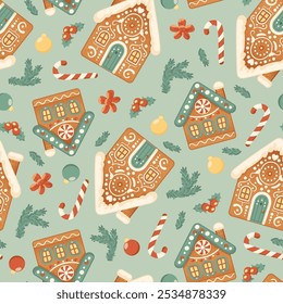 Gingerbread houses Christmas seamless pattern. Candy cane, pine branch, holly berries, Christmas balls, gingerbread cookies on green background. Cute vector illustration in flat cartoon style.