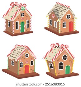 Gingerbread houses christmas set. Candy houses. Gingerbread baked cookies decorative food for winter holidays
