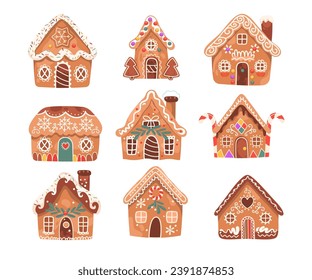 Gingerbread houses Christmas sweet cookies, glazed biscuits different design and candy decorations set vector Illustration. Winter holidays sweets traditional gifts, festive treats for New Year