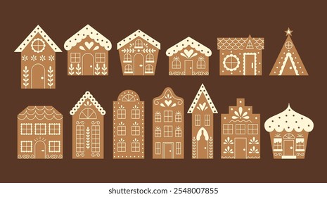 Gingerbread Houses Collection. Christmas and New Year Cookies. Home Festive Bakery.