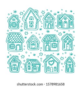Gingerbread houses collection isolated on white background. Christmas vector illustration. Design element for sticker, magnet, leaflet, poster, flyer.