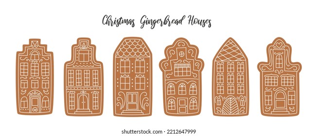 Gingerbread houses collection. Set of vector hand drawn Christmas cookies. Holiday sweet food decoration