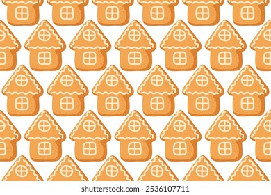 Gingerbread houses decorated in a repetitive pattern on a white background for festive celebrations