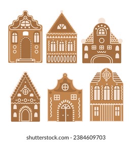 Gingerbread houses, decoration, Christmas cookies with frosting isolated vector illustration elements set